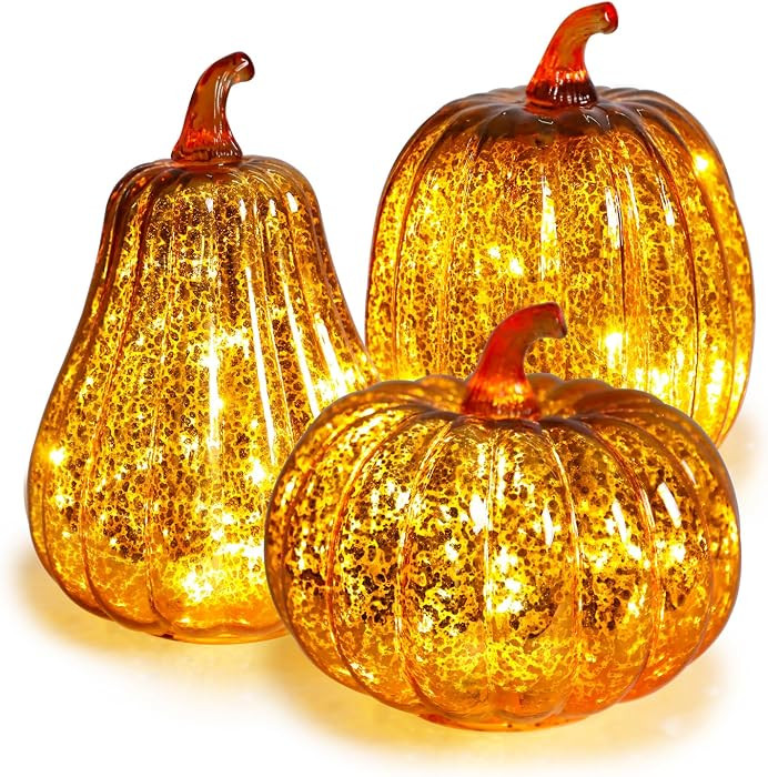 Mercury Glass Pumpkin Lights with Timer, Fall Pumpkins Lamps Tabletop Centerpiece Decorations Aut... | Amazon (US)