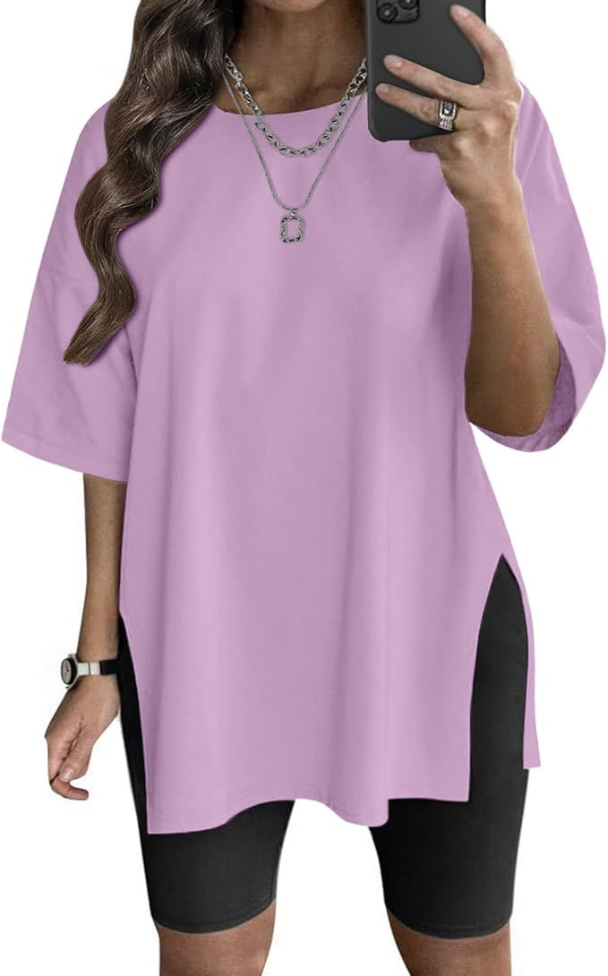 VNIRA Plus Size T Shirt for Women Oversized Cotton Short Sleeve Workout Top Loose Fit Side Split ... | Amazon (US)