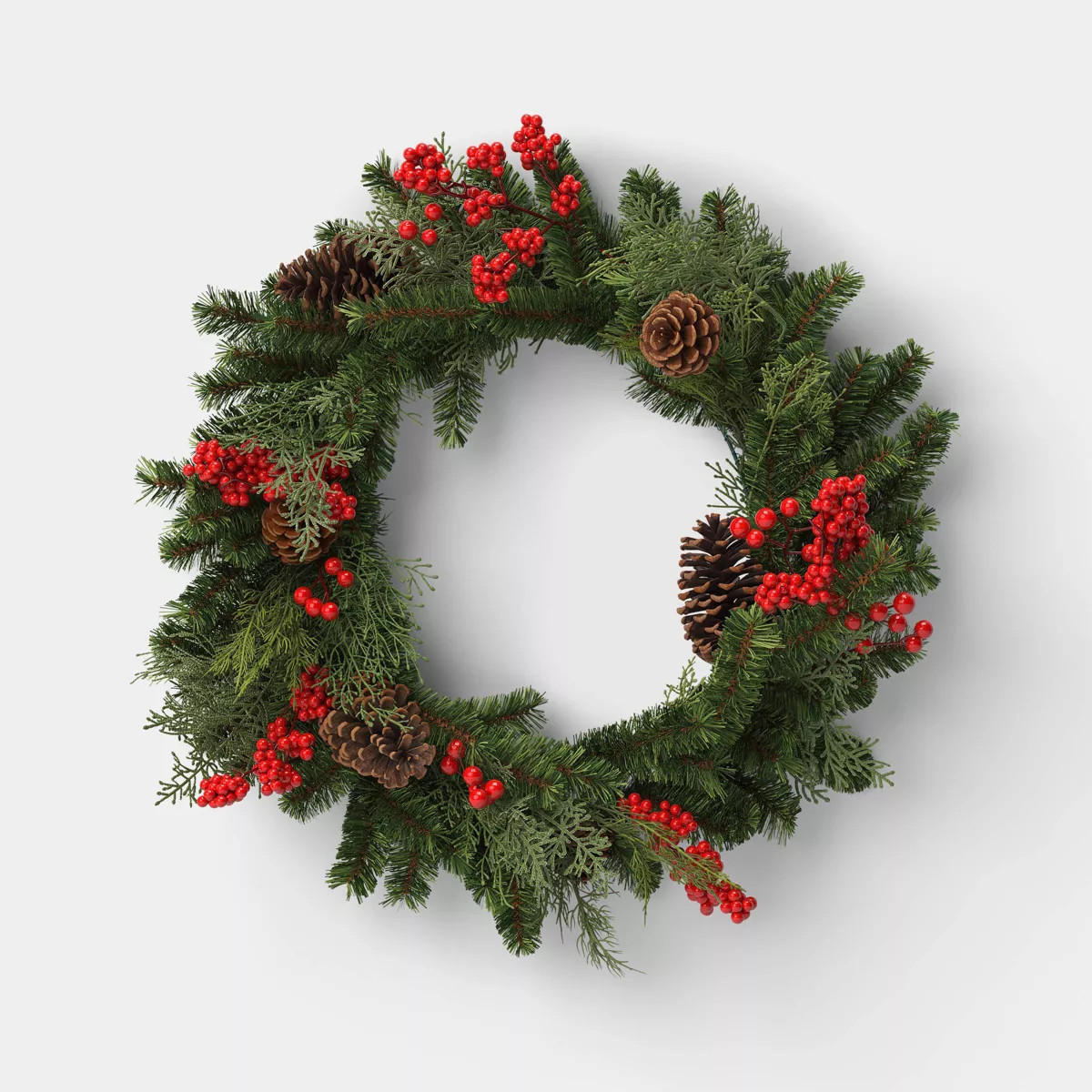 28" Mixed Greenery and Cedar with Pinecones and Red Berries Artificial Christmas Wreath Green - W... | Target