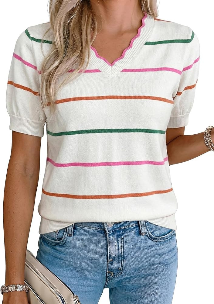 Dokotoo Womens Summer Short Sleeve Knit Tops 2026 Spring Trendy Casual V Neck Striped Sweater Blo... | Amazon (US)
