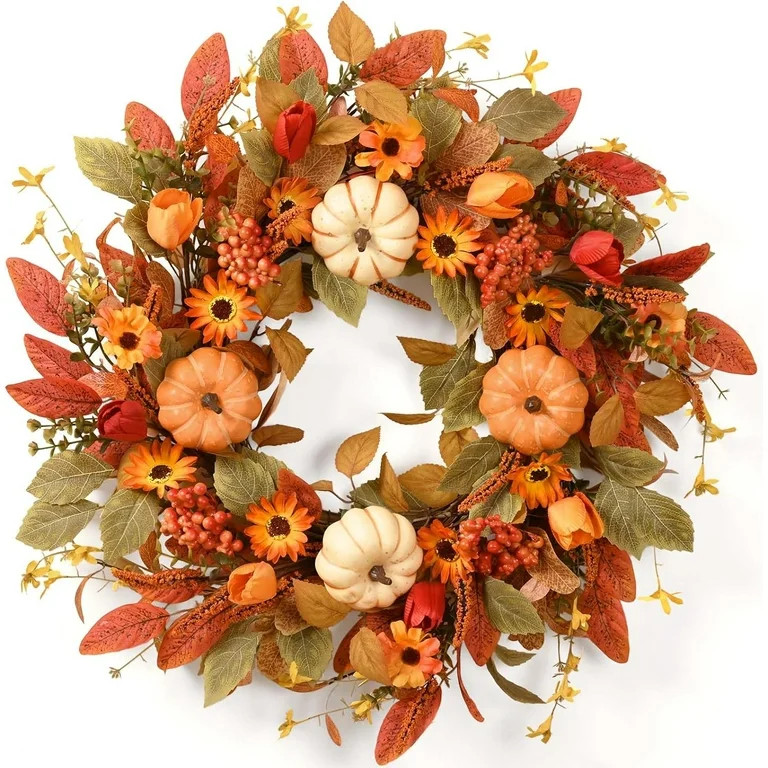 Waipfaru Fall Wreath for Front Door,Large 22inch Autumn Pumpkin Wreath with White Pumpkins, Berri... | Walmart (US)