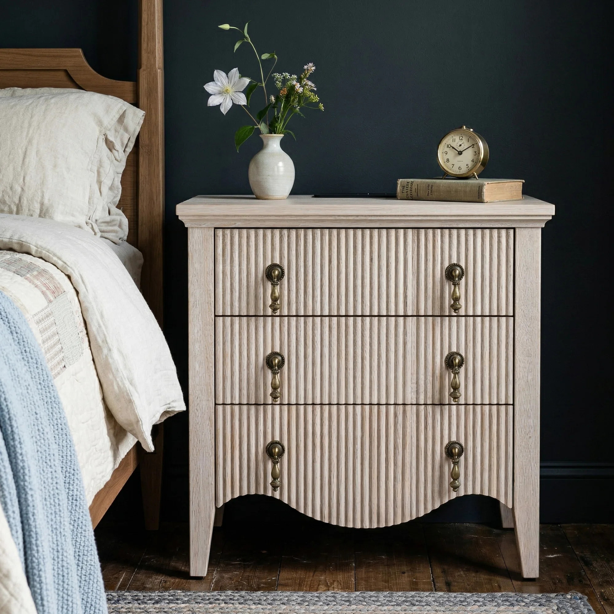 Avenall Nightstand With Charging Station, Vintage Bedside Table With 3 Fluted Drawers And Open Sh... | Wayfair North America