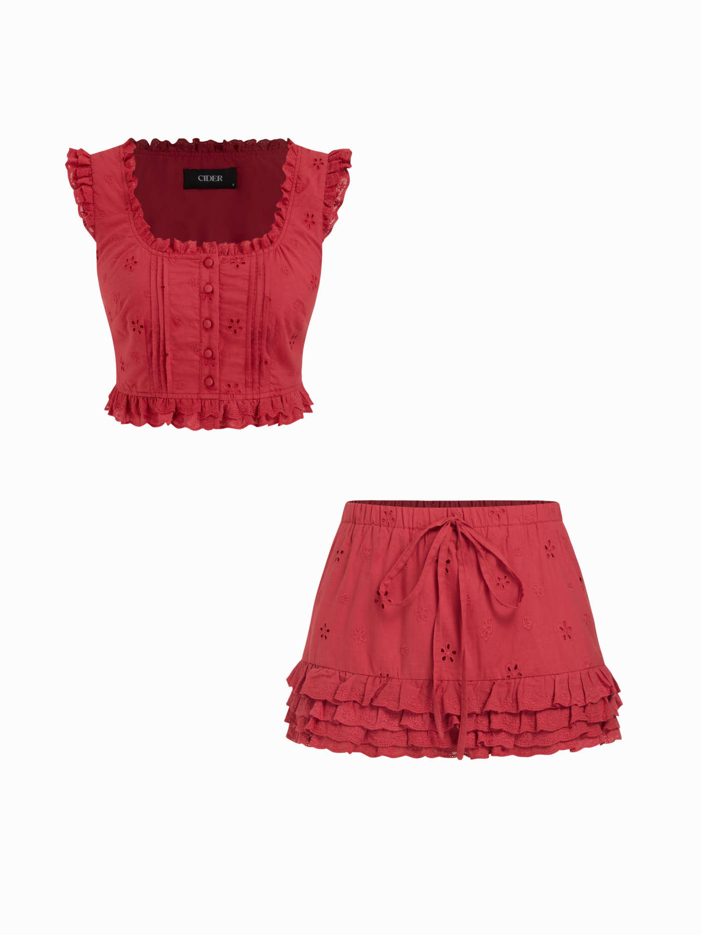 Cotton-blend Square Neck Ruffled Top & Low Rise Embroidery Ruffle Hem Mini Skirt Set | Cider