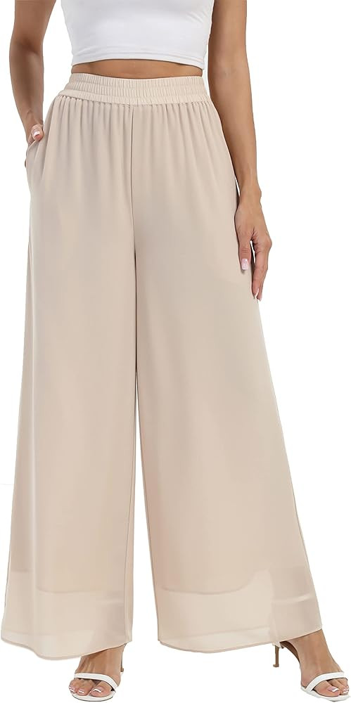 heipeiwa Women's Chiffon Dress Beach Wide Leg Palazzo Pants Elastic Waist Trouser | Amazon (US)