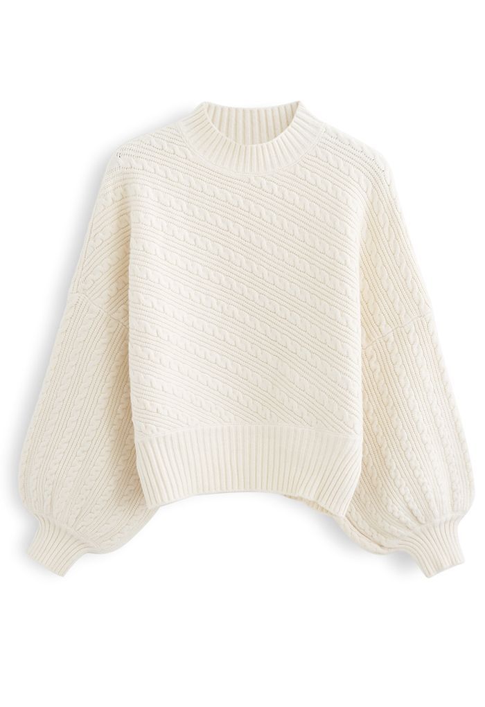 Batwing Sleeves Braid Knit Sweater in Cream | Chicwish