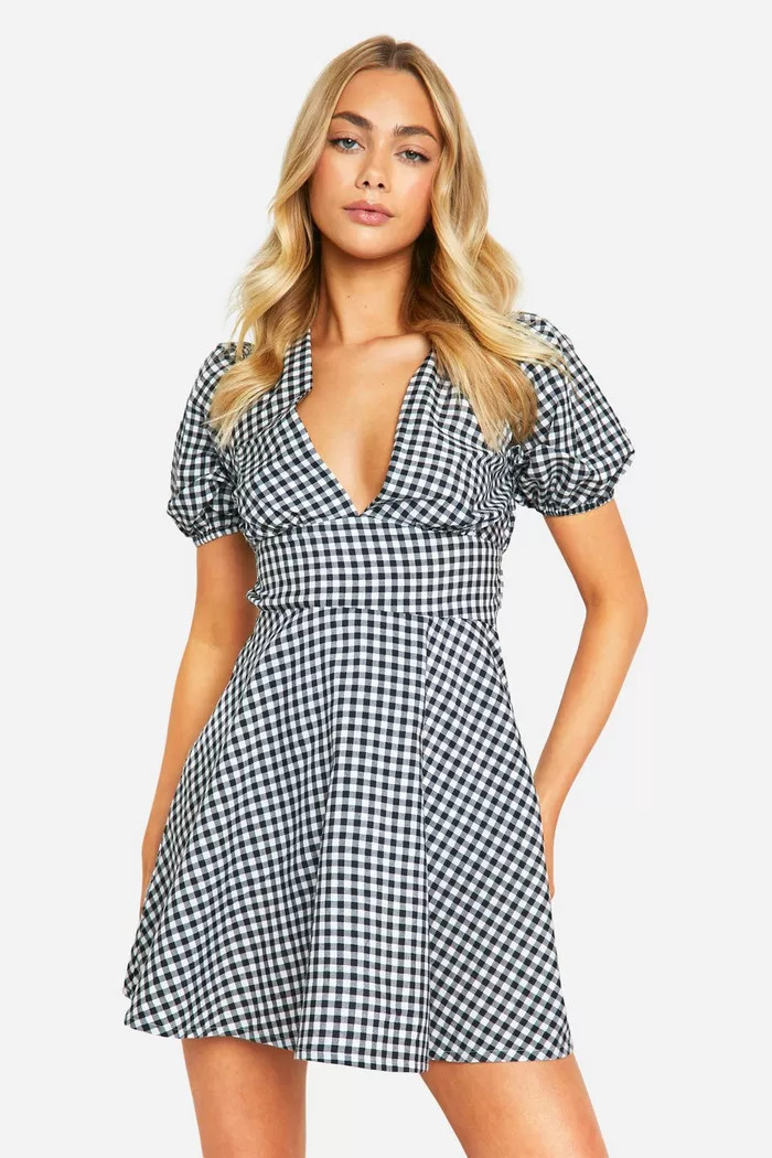 Gingham Puff Sleeve Smock Dress | boohoo (US & Canada)