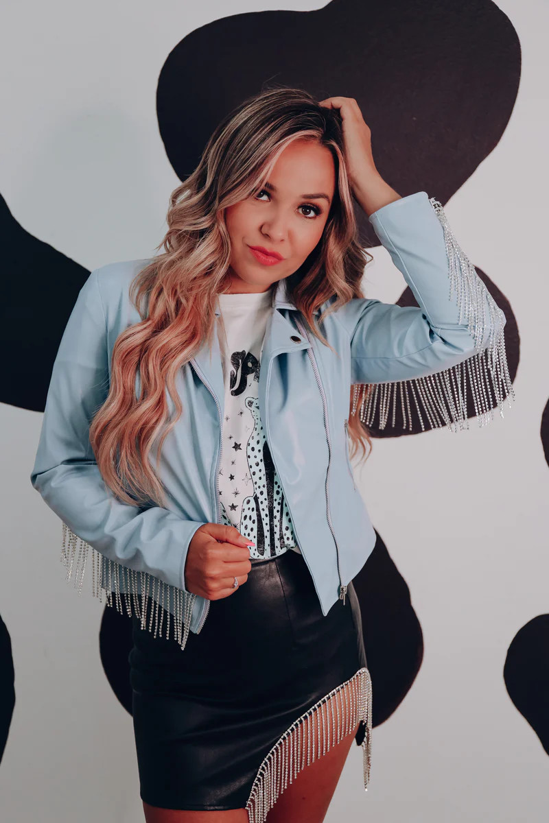Legendary Faux Leather Rhinestone Fringe Jacket - Blue | Whiskey Darling Boutique