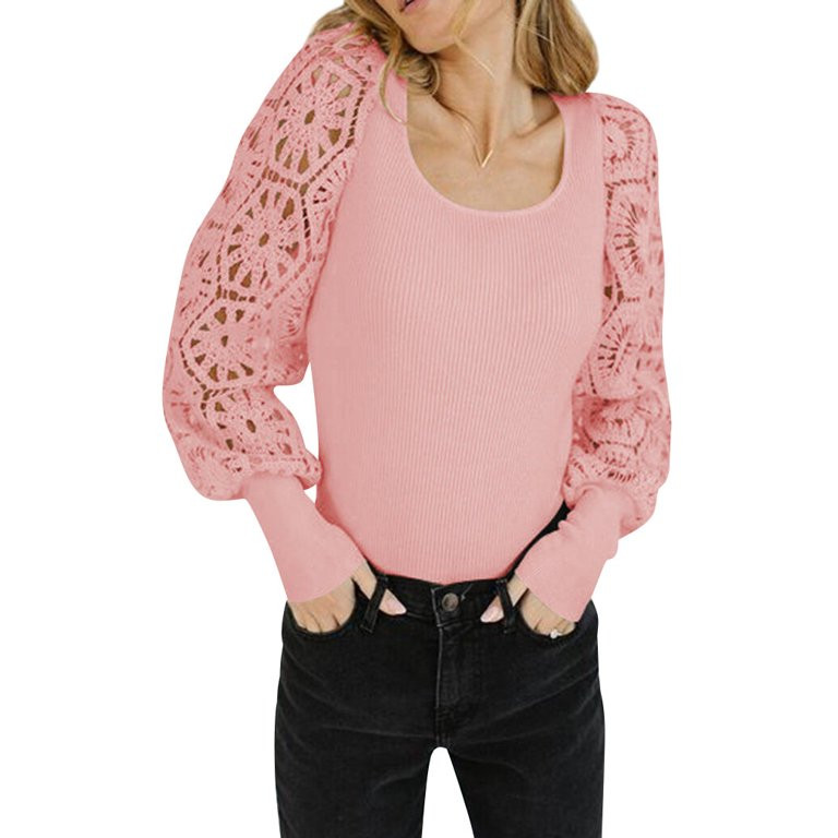 STARVNC Women U Neck Lace Hollow Out Spliced Long Sleeve Knitwear Top | Walmart (US)
