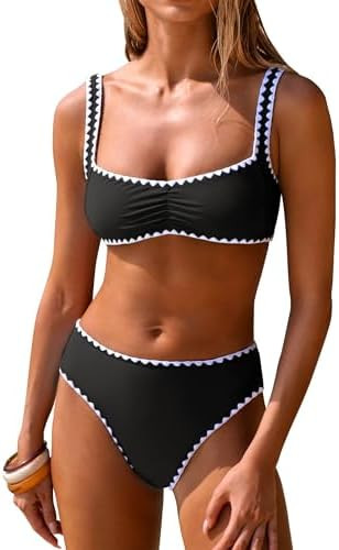 ANRABESS Womens Bikini Sets Two Piece Swimsuit Ribbed Front Ruched Mid Waisted Bathing Suit Color... | Amazon (US)