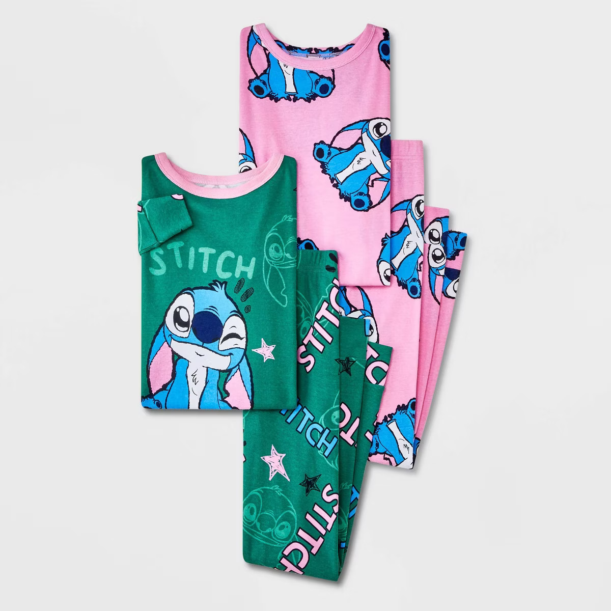 Girls' Lilo & Stitch 4pc Long Sleeve Cotton Snug Fit Pajama Set - Green/Pink | Target