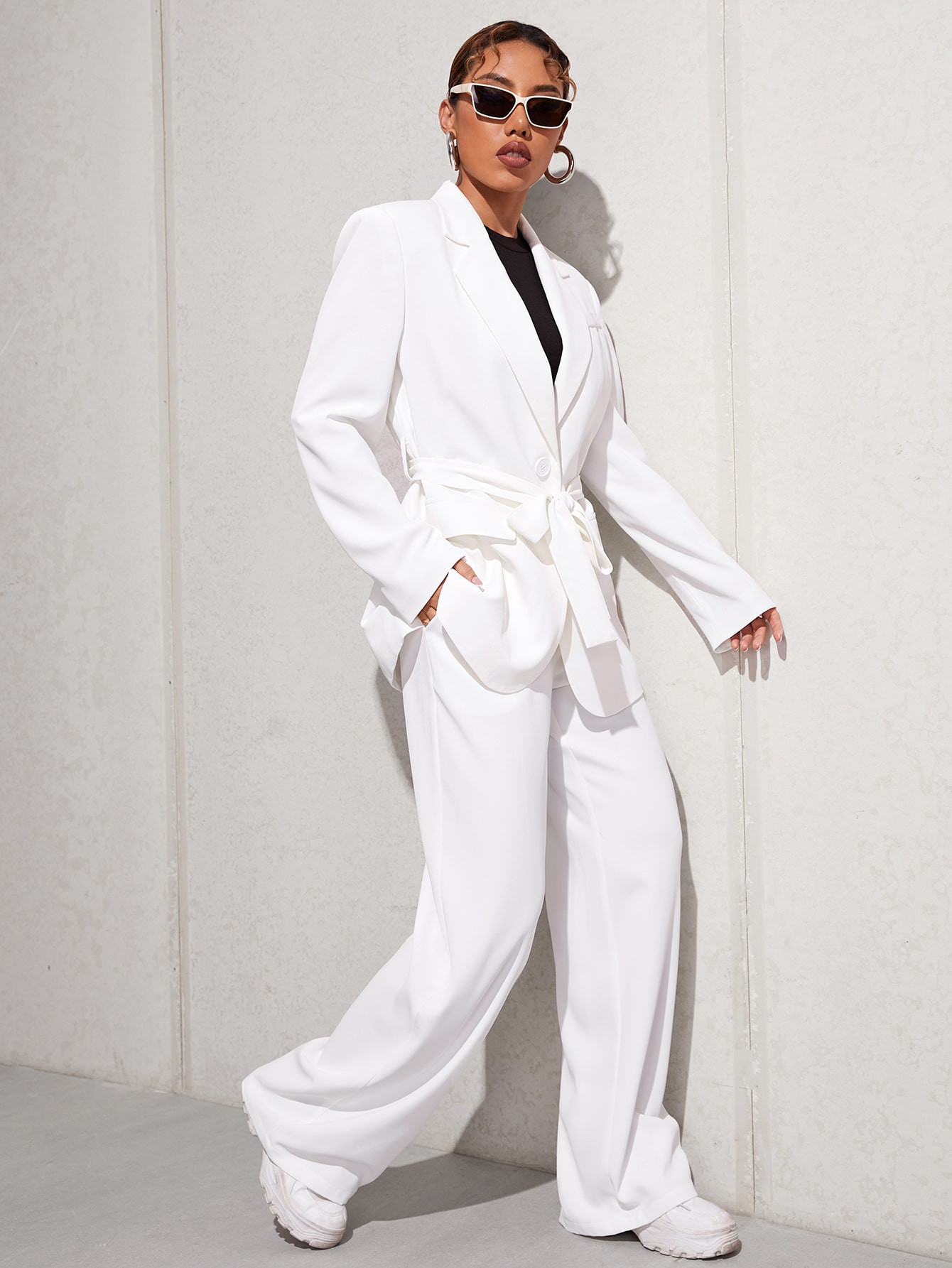 SHEIN Essnce Com cinto Bolso Botões na frente Simples elegante Conjuntos de terno feminino | SHEIN