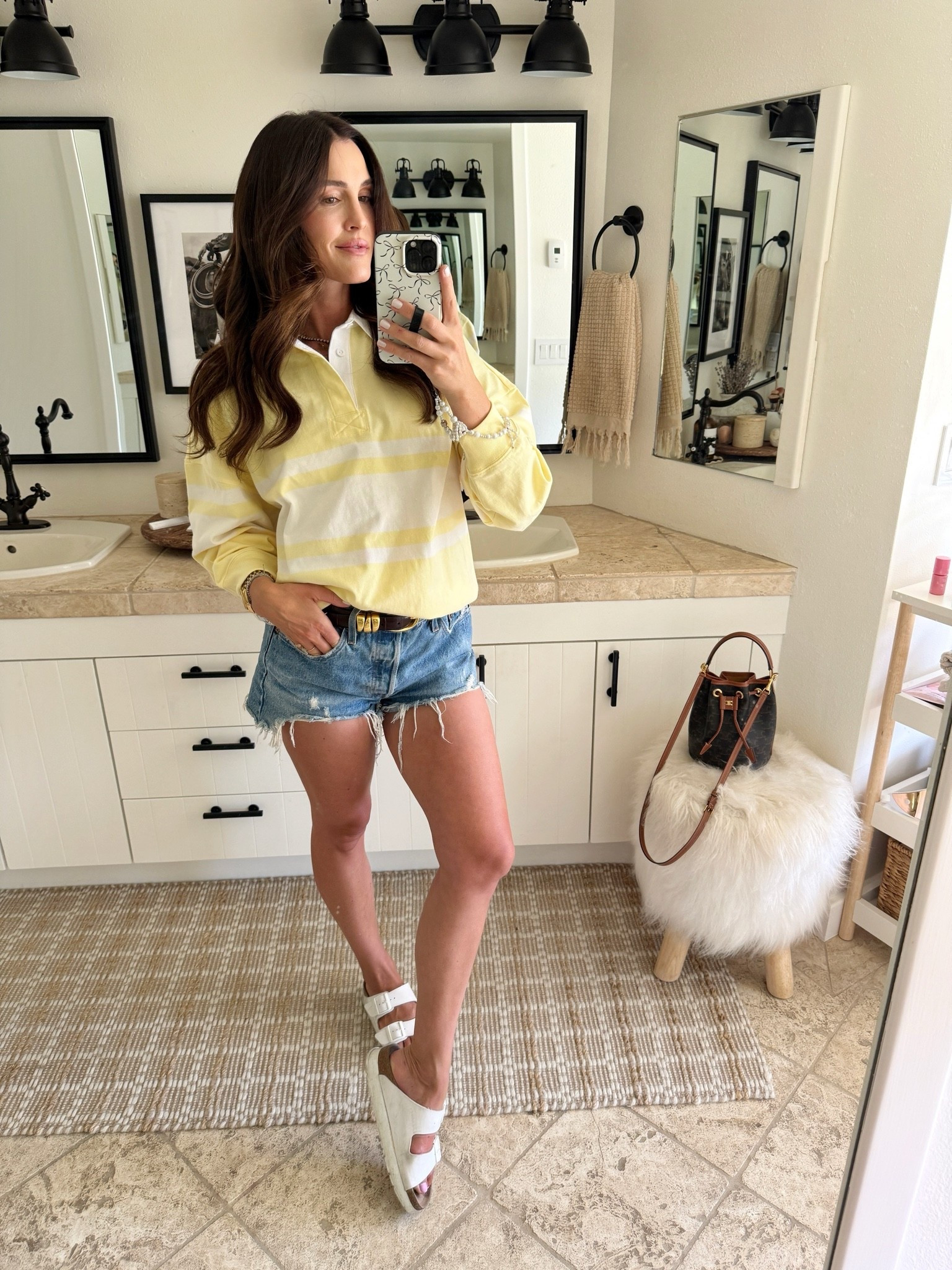 Spring low-tox outfit: denim shorts, cotton rugby top, birks 🤍💛

#LTKootd