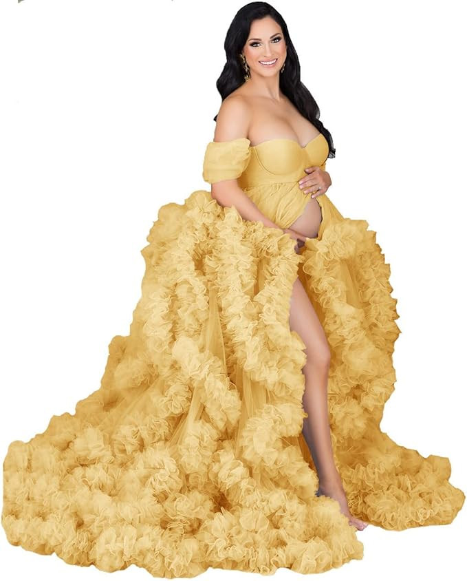 Lamosi Maternity Tulle Robe Off Shoulder Long Tulle Gowns Puffy Ruffled Sheer Robe for Bridal Pho... | Amazon (US)