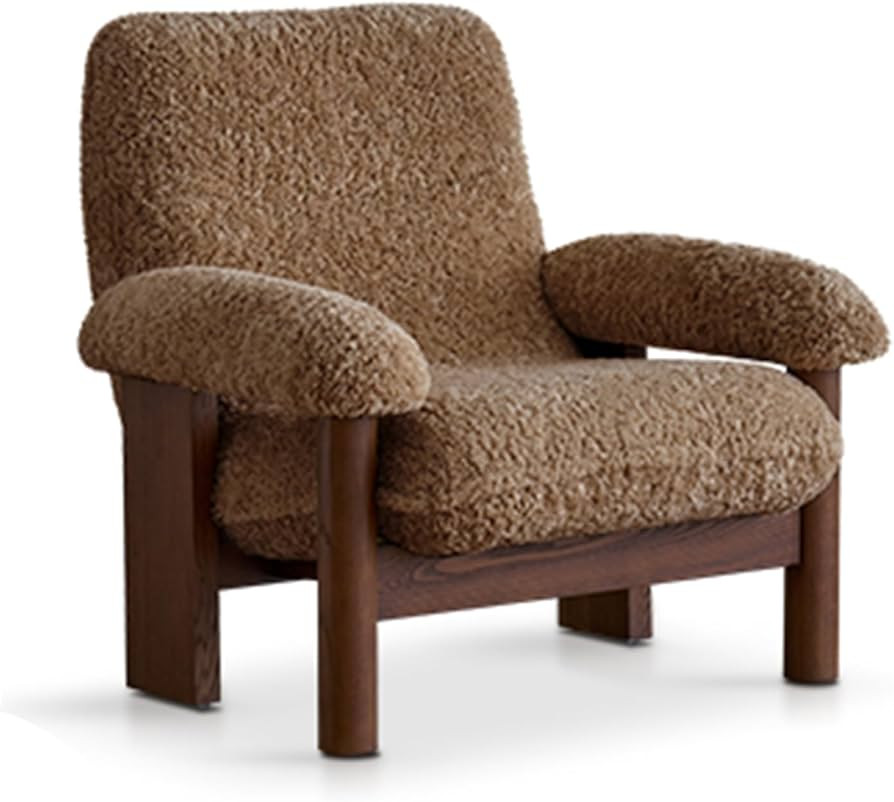 Accent Chair Modern Fluffy Chair with Arm Atural Solid Wood Legs Upholstered Faux Fur Side Chair ... | Amazon (US)