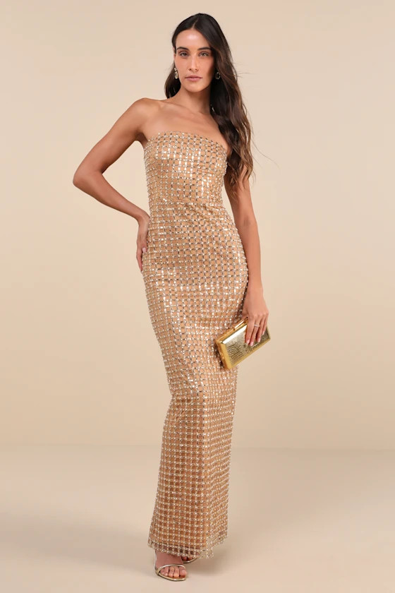 Perfectly Luxurious Tan Pearl Strapless Maxi Dress | Lulus