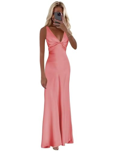 FUMY Women's Long Silk Satin Mermaid Prom Dresses with Bow Coral Spaghetti Straps Halter Backless Formal Party Ball Gown Coral 16W | Amazon (US)