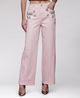 Avec Les Filles Women's Rhinestone-Trim Hollywood-Waist Wide-Leg Jeans - Macy's | Macy's