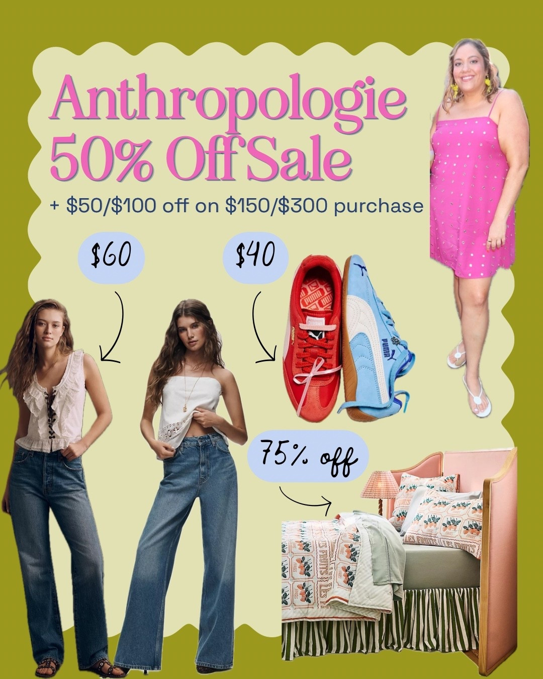 Lots of great items in Anthropologie’s 50% sale, and they’re also offering $50 back on purchases of $150-$299 and $100 back on purchases of $300 or more.

Some of our favorite finds:
- These perfect high-waisted and loose-but-still-chic @Reformation jeans 
- Pistola high-rise straight leg jeans: $60 in cart
- Puma sneakers: $40 in cart
- Sarah’s mirrored pink sundress that she wore in NYC
- This cute cottagecore quilt for a perfect touch of whimsy: 75% off in cart

#LTKSaleAlert #LTKMidsize #LTKPlusSize