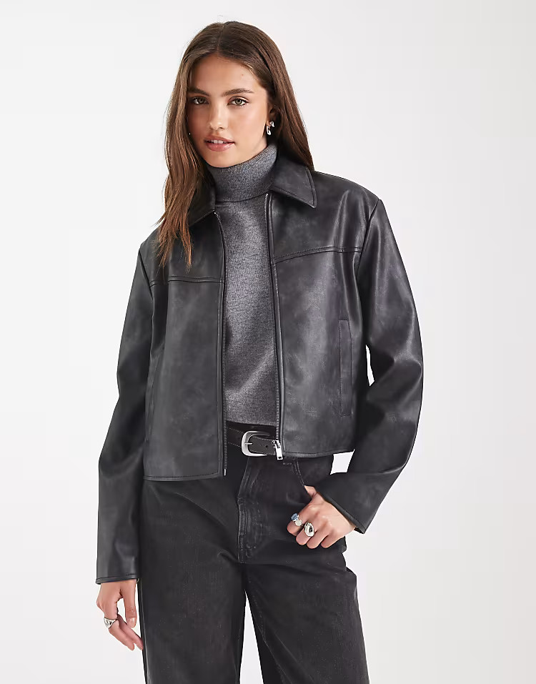 Mango faux leather boxy jacket in black | ASOS (Global)