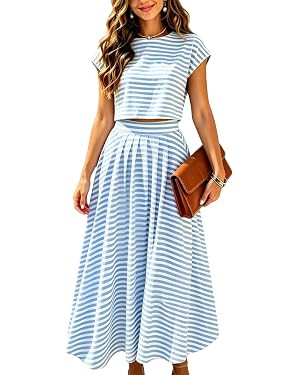 Zontroldy Women's Summer 2 Piece Outfits Striped Skirt Sets Cap Sleeve Crop Top Midi Dress Matchi... | Amazon (US)