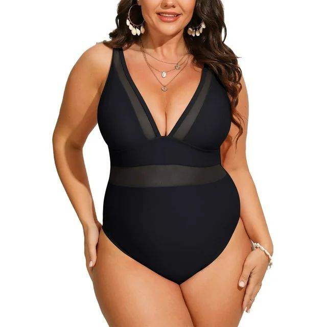 Zenbriele Womens Plus Size One Piece V Neck Swimsuit Mesh Bathing Suits Tummy Control | Walmart (US)