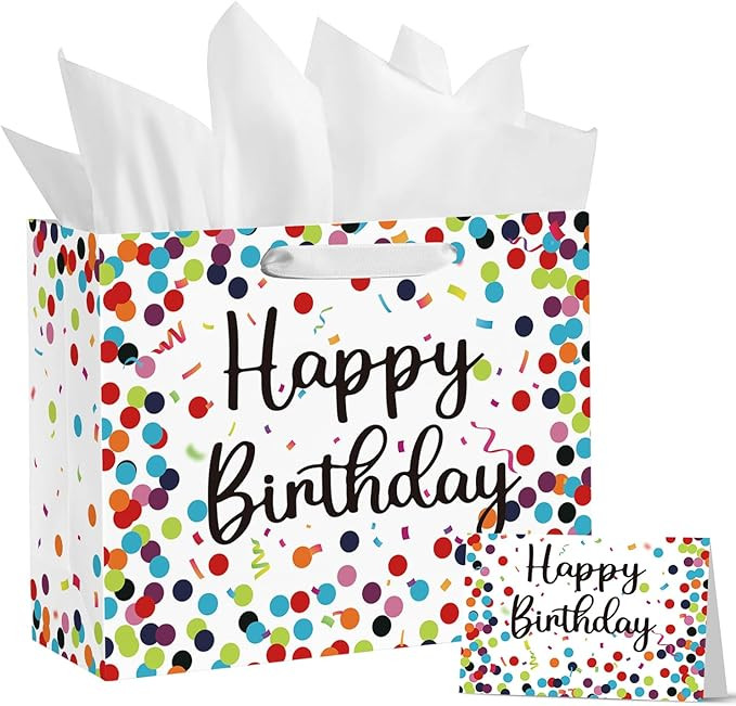 Horaldaily 13" Large Birthday Gift Paper Bags with Tissue Paper and Card, Happy Birthday Dots Str... | Amazon (US)