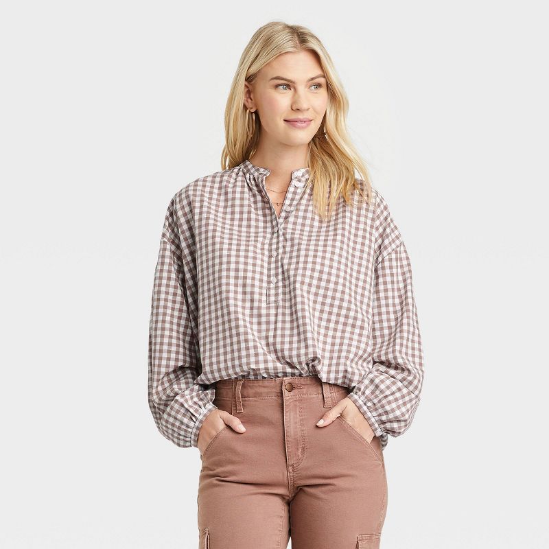 Women&#39;s Balloon Long Sleeve Poet Blouse - Universal Thread&#8482; Brown Check M | Target