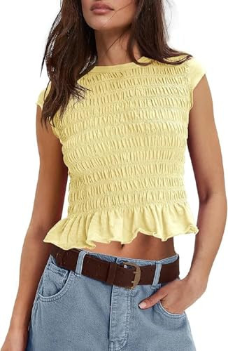 Smocked Tops for Women White Crewneck Cap Sleeve Top Tee Cotton Shirred Ruffle Crop Tank Tops Shirt(Yellow,Small) | Amazon (US)