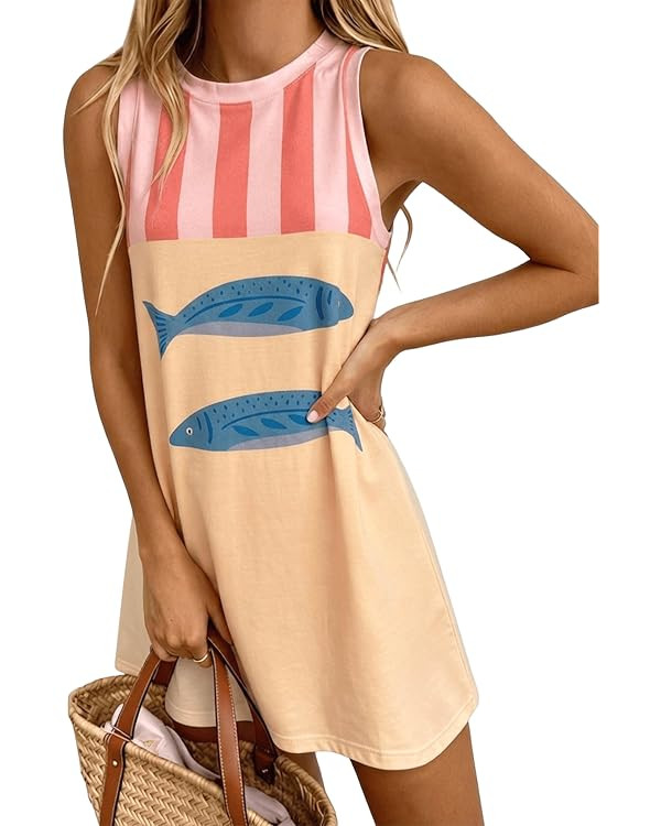 Womens Tank Dresses Summer Casual Mini Sleeveless Crew Neck Novelty Floral Printed Sundress Loose... | Amazon (US)