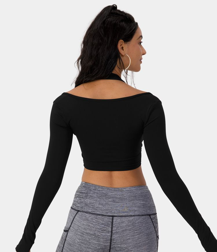 Women’s Cloudful™ Fabric Halter Thumb Hole Long Sleeve Cropped 2-in-1 Sports Top - HALARA | HALARA