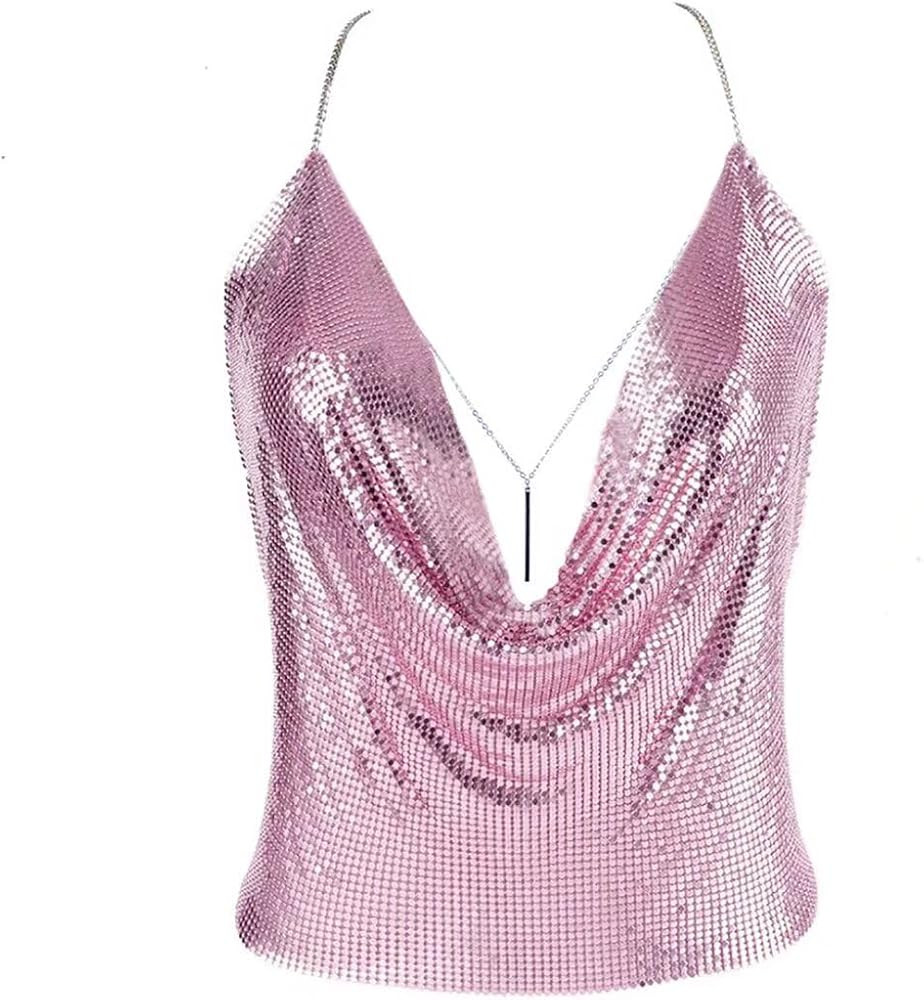 Gold Sexy Tops for Women Sparkly Deep V Neck Crop Tank Tops Cami Body Chain Top | Amazon (US)
