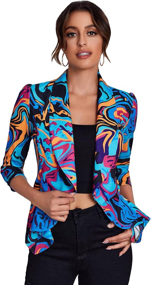 WDIRARA Women's Printed Open Front 3/4 Sleeve Blazer Ruffle Jacket Outerwear | Amazon (US)