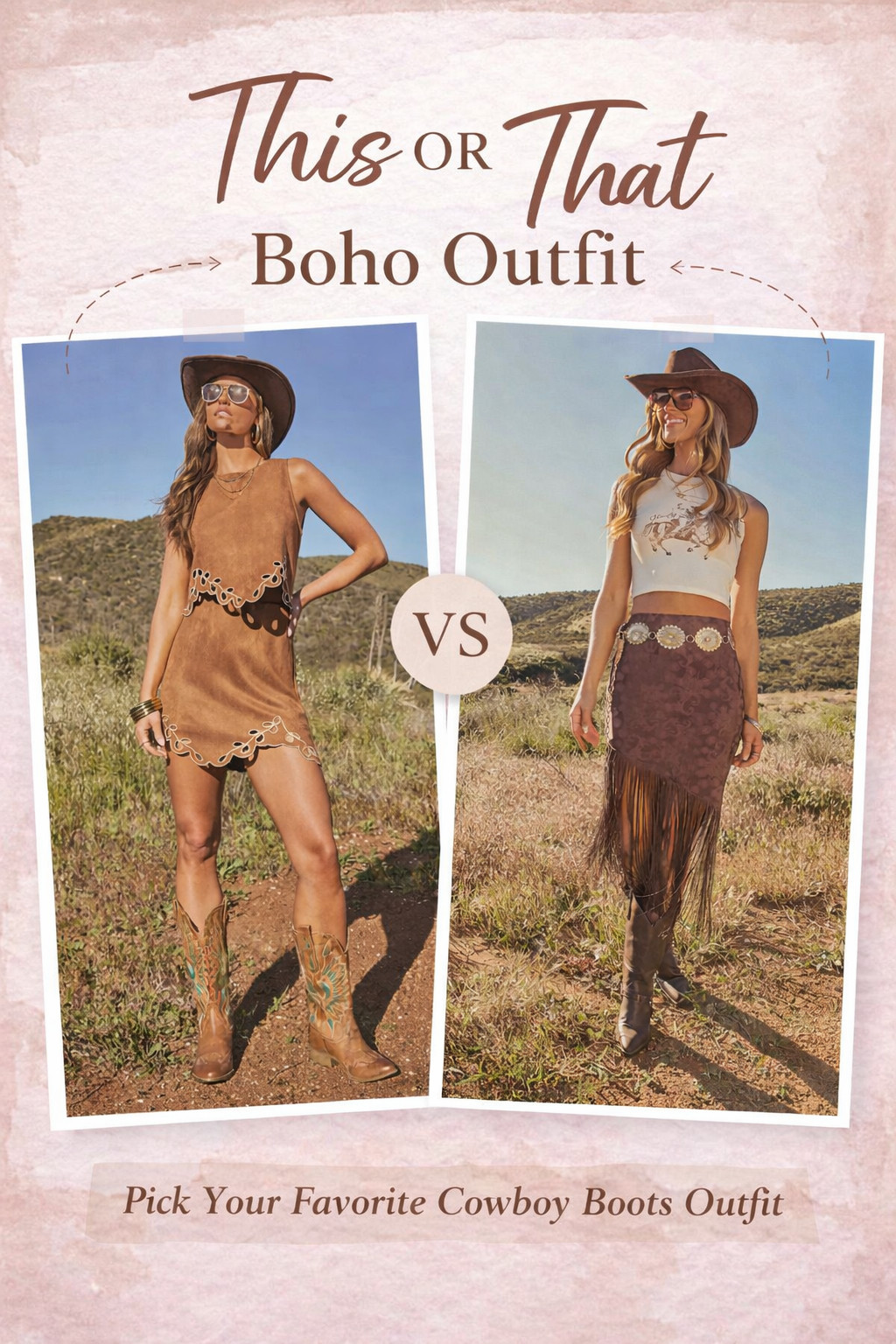 This or that… which boho western outfit would you choose? 🤎

I’m loving both of these cowboy boots outfit ideas styled two different ways:

✨ Look 1: Western suede mini dress + embroidered cowboy boots
✨ Look 2: Graphic crop top + fringe skirt + classic brown cowboy boots

These outfits are perfect for country concerts, summer festivals, rodeo outfits, or everyday western style. Cowboy boots are one of the biggest western fashion trends right now, and they look amazing with boho skirts, fringe pieces, and casual dresses.

Tap to shop the exact boots and outfit pieces I linked!

Save this for your next cowgirl outfit idea 🤠

#cowboybootsoutfit #westernstyle #bohooutfit #cowgirlstyle #countryconcertoutfit #westernfashion #festivaloutfit #summeroutfits #ltkstyle #ltkfinds #bohofashion #cowboyboots 

 