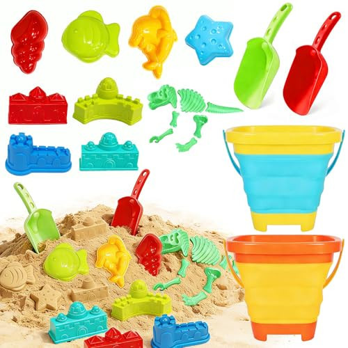 Foldable Beach Bucket and Shovel Set for Kids, 20PCS Sand Toys with Sand Molds (Castle, Dinosaur, Sea Animal) & Mesh Bag, Toddler Collapsible Outdoor Sand Toys for Beach, Sandbox, Pool, Summer Gift | Amazon (US)