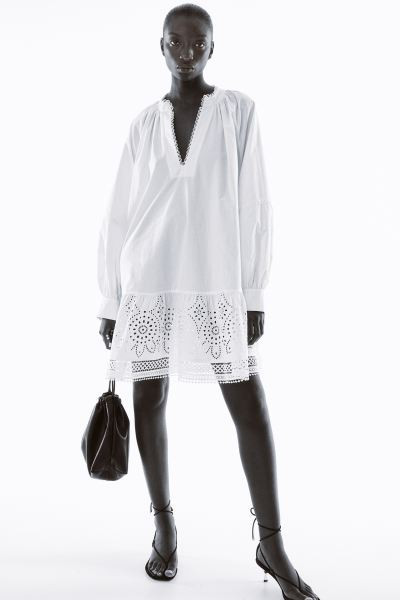 Dress with Eyelet Embroidery - V-neck - Long sleeve - White - Ladies | H&M US | H&M (US + CA)