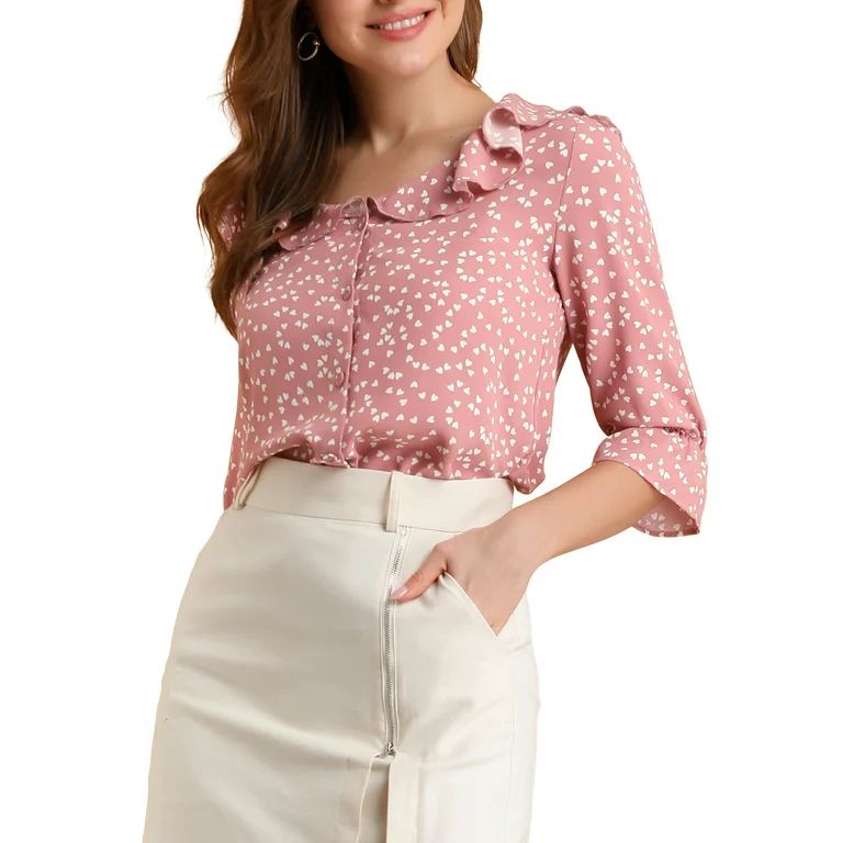 Allegra K Women's Ruffle Lapel Collar Heart Print Button Down Elbow Sleeve Shirt | Walmart (US)