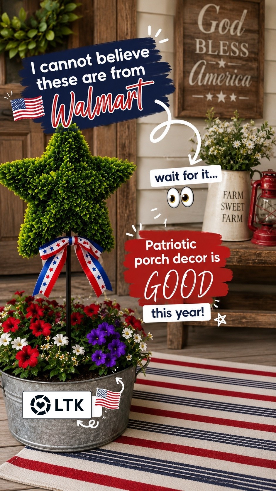 Patriotic porch decor finds 🇺🇸✨

Walmart really showed up this year with the cutest Memorial Day + Fourth of July decor. The striped rug and star topiary instantly made my porch feel so cozy and festive. ❤️🤍💙

#LTKHome
