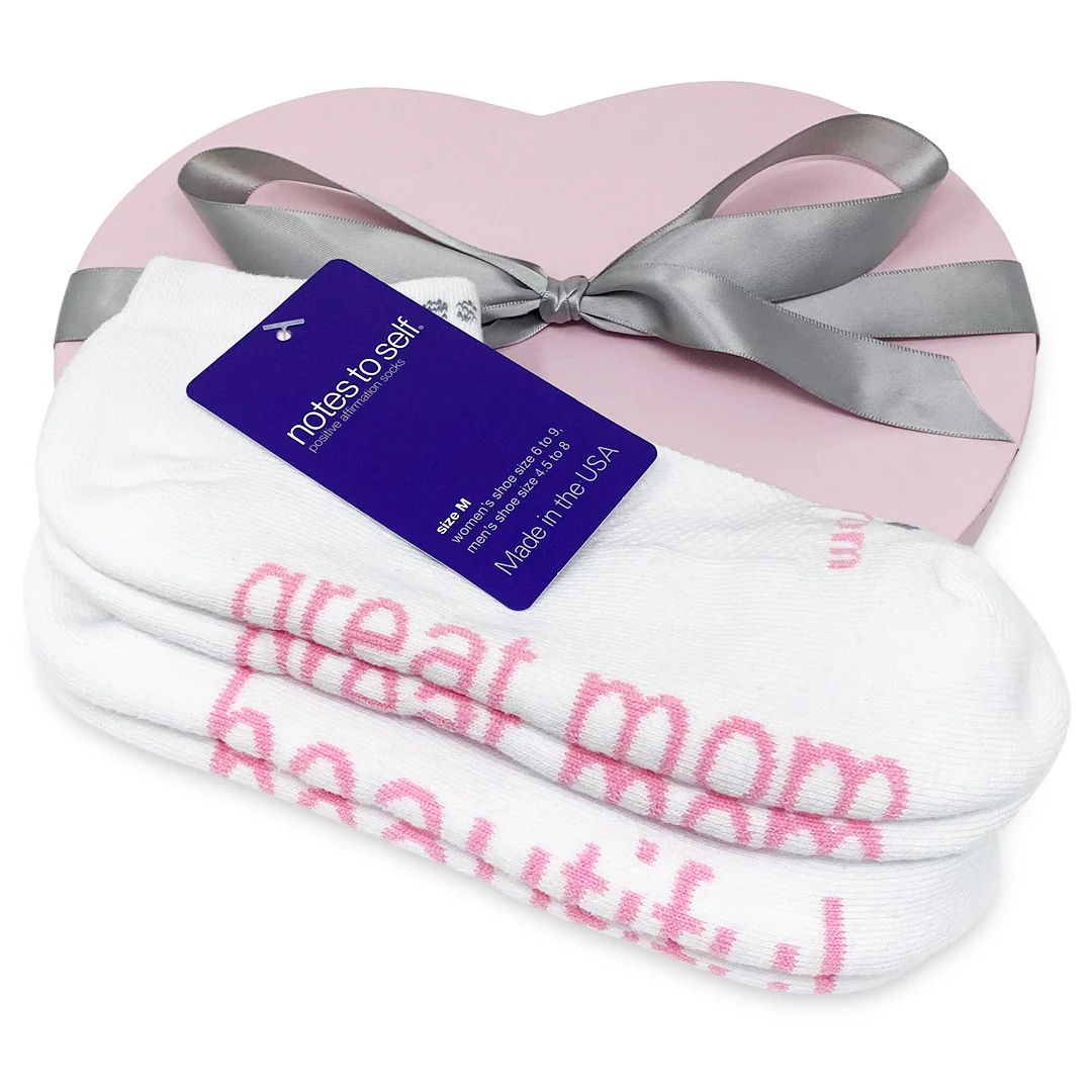 I am a great mom™ + I am beautiful™ white socks in pink heart box | notes to self