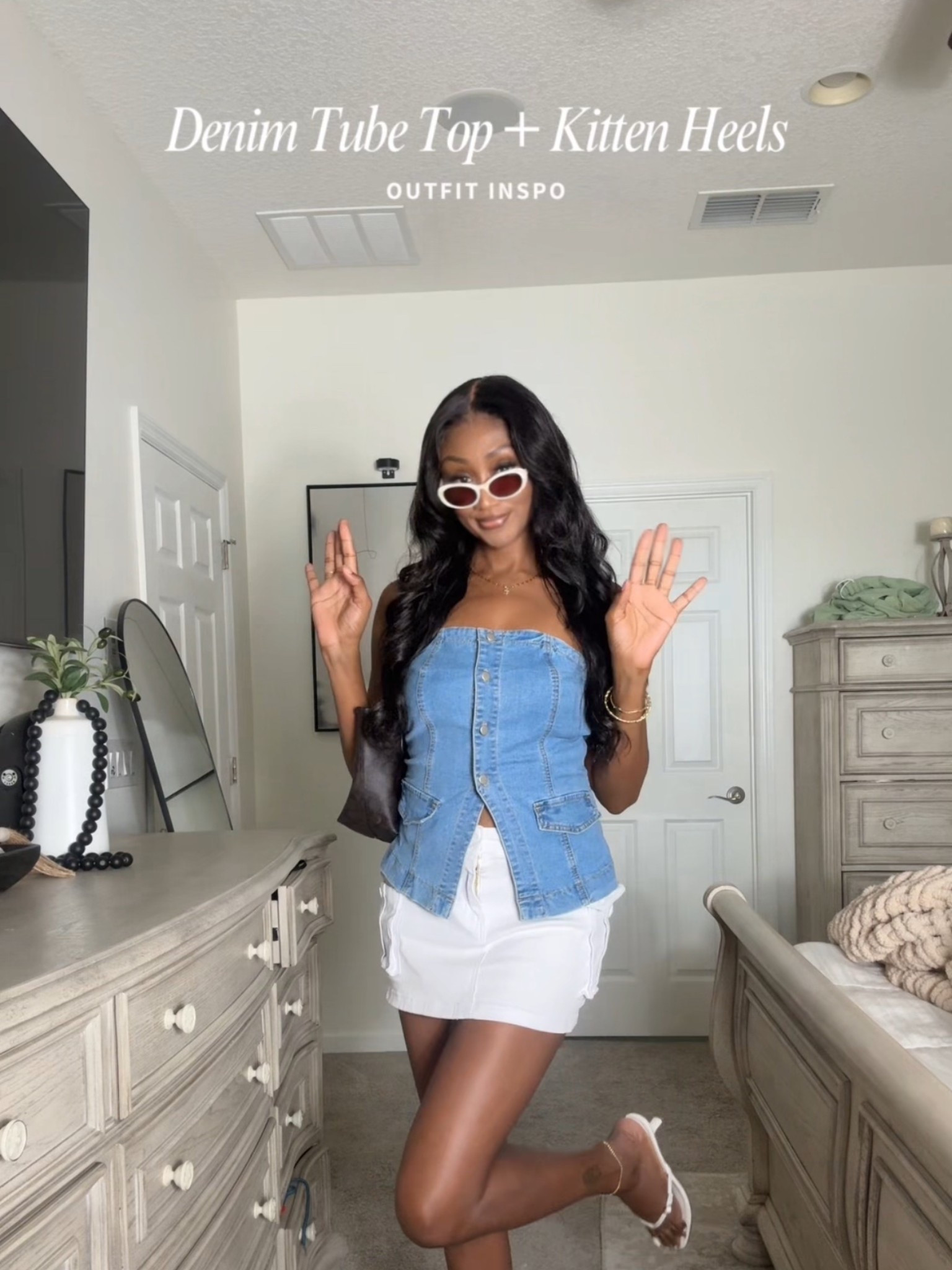 Cute denim, top and skirt outfit in inspo, with kitten heels, before the summer is over!

#LTKStyleTip #LTKTall #LTKFindsUnder50