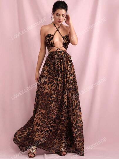 LOVE&LEMONADE Leopard Print Chiffon Halter Hollow Out Holiday Dress | SHEIN