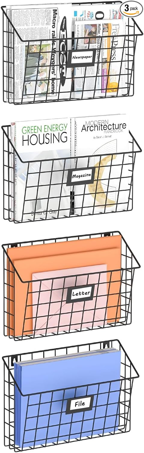 X-cosrack 4-Tier Hanging Wall File Holder Vertical Wall Mount Metal Wall File Organizer with Tag ... | Amazon (US)