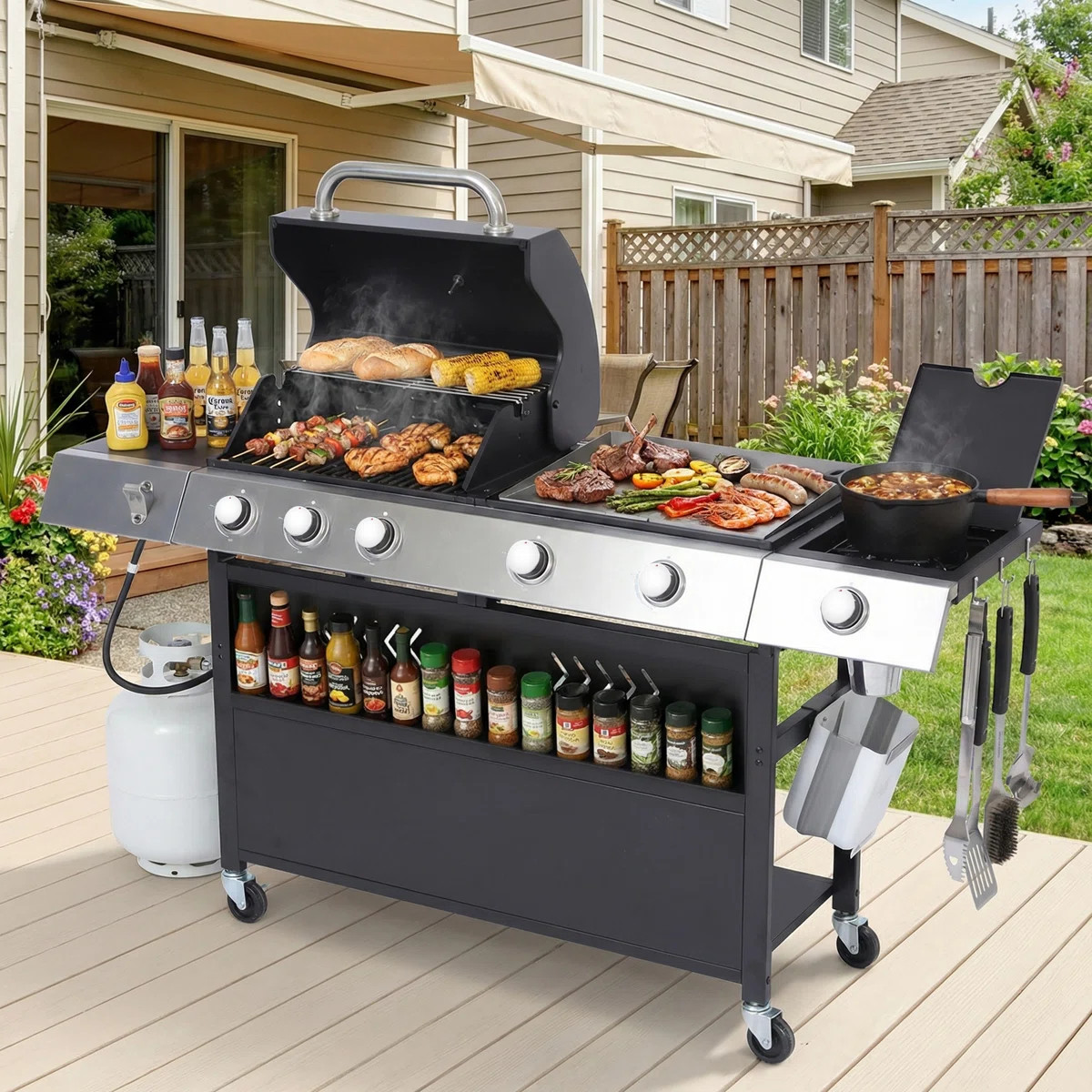 Propane Gas Grill And Flat Top Griddle Combo, 58000 Btu Dual Outdoor Bbq Station With Side Burner... | Wayfair North America