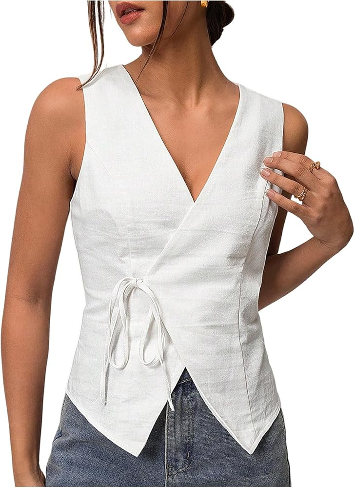 SHENHE Women's Summer Linen Vest Side Tie Sleeveless Wrap Tank V Neck Dressy Going Out Top | Amazon (US)