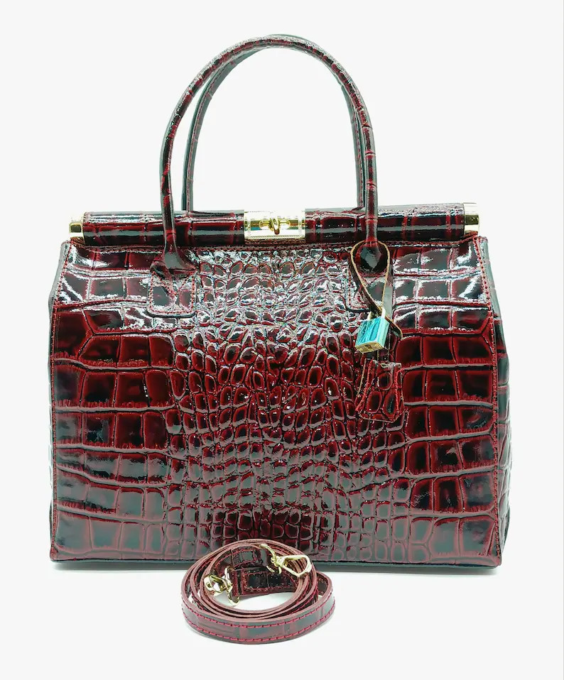 Italian Lock & Key Shiny Croc Embossed Genuine Leather Handbag Satchel – Made In Italy - Red | Etsy (US)