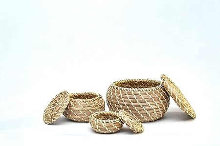 Set of 3 Round Handmade Seagrass Woven Basket with Lid – Handwoven Natural Box Storage for Acce... | Amazon (US)