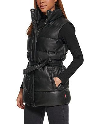 Women's Faux Leather Belted Puffer Vest | Macys (US)