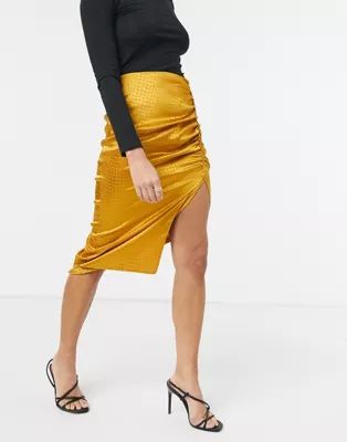 John Zack ruched detail midi skirt with thigh split in tonal mustard snake print | ASOS (Global)
