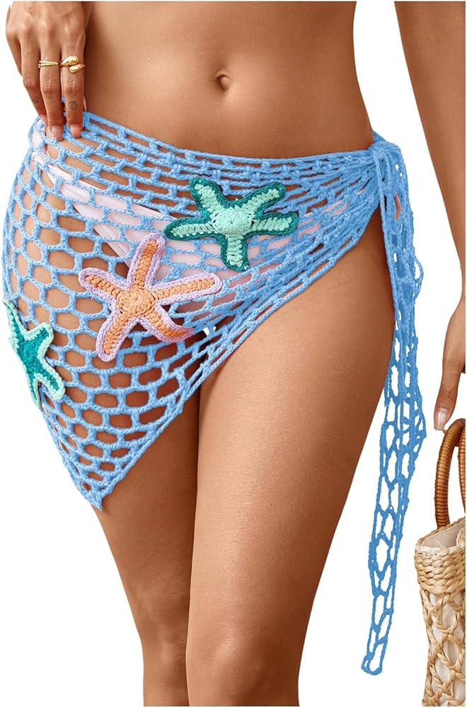 Verdusa Women's Starfish Hollow Out Crochet Beach Cover Up Skirt Asymmetrical Sheer Wrap Skirt | Amazon (US)