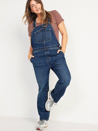 Slouchy Straight Workwear Dark-Wash Jean Overalls for Women | Old Navy (US)