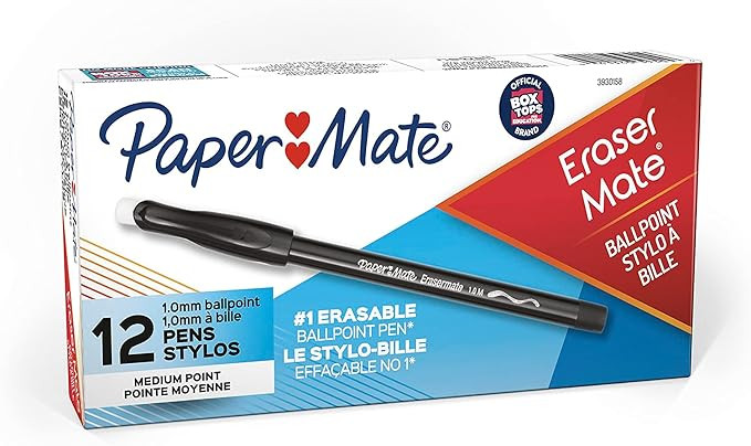 Paper Mate EraserMate Erasable Pen, Medium Point, Black, Box of 12 | Amazon (US)